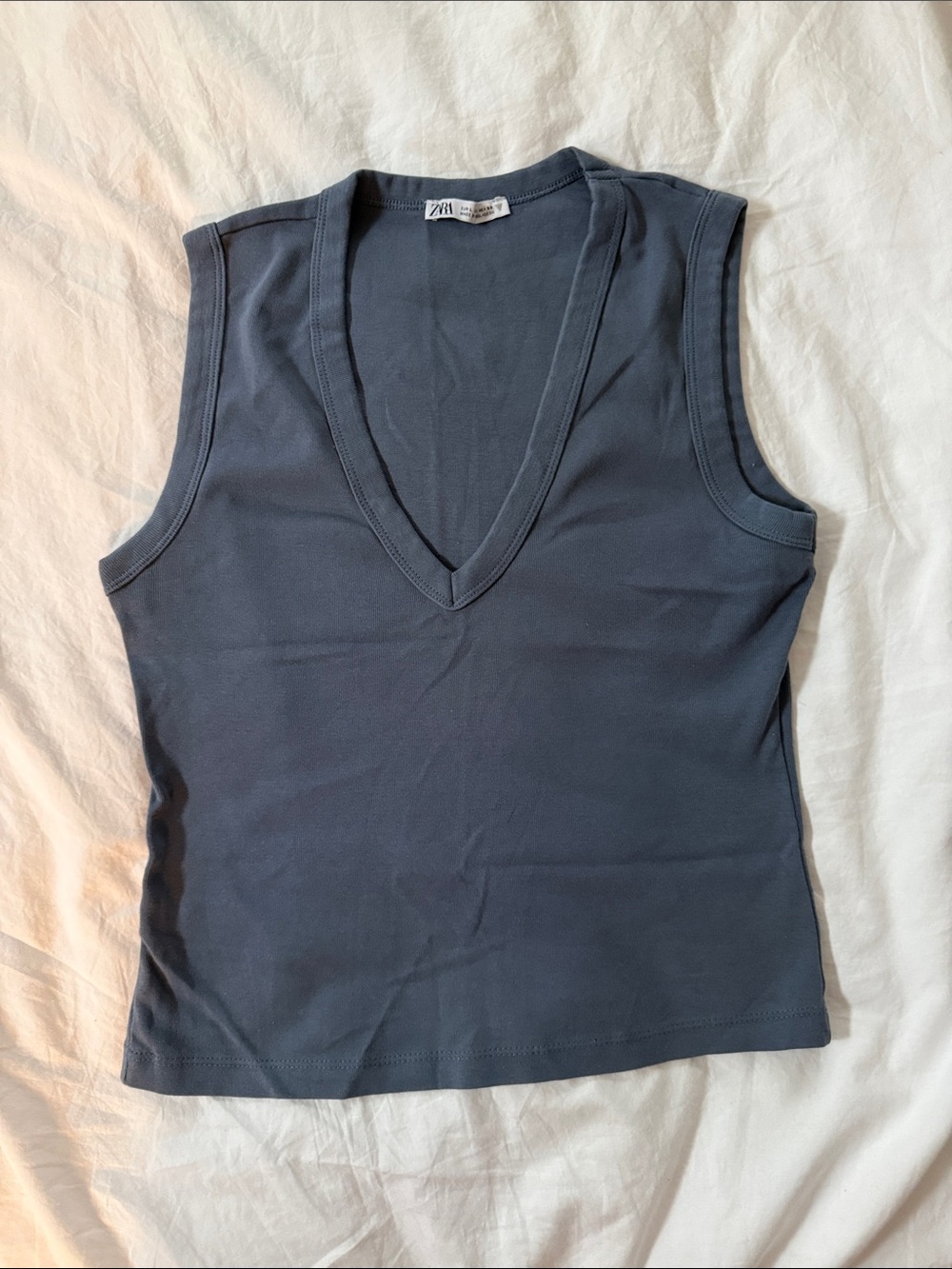 Zara Women's Dark Blueish-Gray V-Neck Sleeveless Top